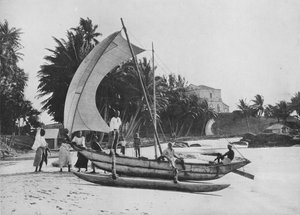 マウントラビニアシーショアでのアウトリガー釣りカヌー、c1890、1910 作： Alfred William Amandus Plate