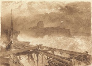 Tutkimus Tynemouth Pier -laiturille - Lamppujen sytytys auringonlaskun aikaan 作： Alfred William Hunt