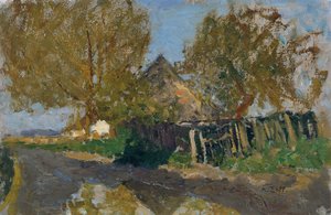 木々の下に屋敷がある村の通り 作： Alfred Zoff