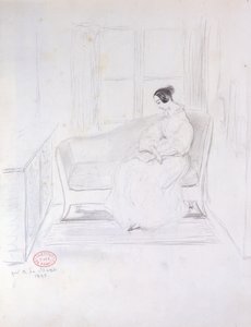 ジョージサンド（1804-76年）、窓の横にあるソファで読書、1833年