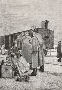 Five Minutes Stop、電車に立っている2人の男性が飲み食いを止める、アルフレド・ルクソーロ（1859-1918）の絵画からの彫刻、L