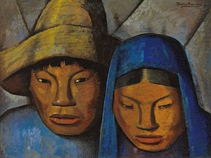 青のカップル。 La pareja en azul、1930年頃（船上油） 作： Alfredo Ramos Martinez