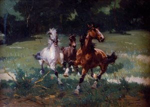 アルフレッド・トミンツ（1854-1936）による絵画「走る馬