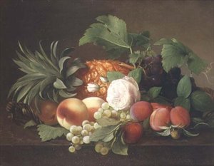 パイナップル、桃、プラム、ブドウのある静物画 作： Alfrida Vilhelmine Ludovica Baadsgaard