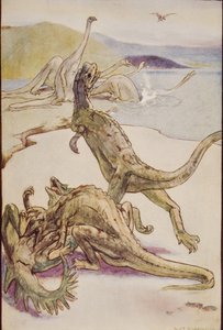 デイノテリアを示す中生代のシーン、1920年に出版されたH.G.ウェルズ著「歴史の概要」第1巻のイラスト（カラーリソ）