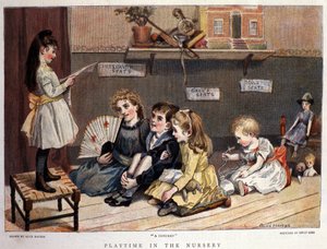 子供のゲーム。"the concert" 子供やおもちゃの観客の前で、小さな女の子が歌う。アリス・ヘイヴァースの絵。1877 作： Alice Havers