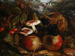 マッシュルーム、リンゴ、ブラックベリーのある静物画