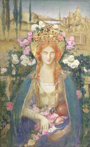 ハンガリーの聖エリザベス、1916年（紙に描かれたテンペラ、金箔がはめ込まれており、ダイアデムレリーフに半貴石が埋め込まれている）