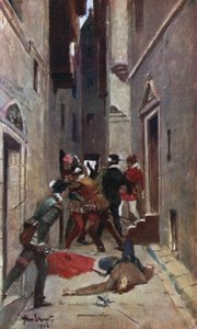 エジンバラのハイストリートにある「トゥルジー」。 サー ウォルター スコット (Werner Laurie、1910 年頃) による「祖父の物語」のイラスト。 作： Allan (after) Stewart