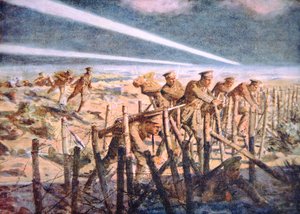 西部戦線で夜にドイツの有刺鉄線の防御を切断するイギリスの兵士 (色リソ) 作： Allan (after) Stewart