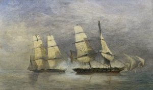 1829年2月1日、ベニン湾でスペインの奴隷ブリッグ「アルミランテ」を捕らえる「ブラックジョーク」（紙に水彩） 作： Allan Duncan