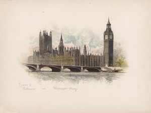 おなじみのロンドン：国会議事堂とウェストミンスター橋（カラーリトグラフ） 作： Allan F. Barraud