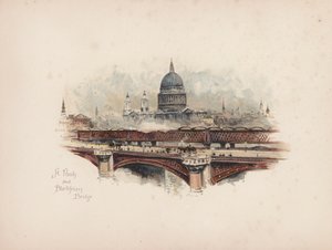 見慣れたロンドン：セント・ポールとブラックフライアーズ橋（カラーリトグラフ） 作： Allan F. Barraud