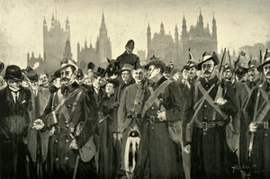 「ロンドンの反応 - ウェストミンスター橋を渡るシティ インペリアル ボランティア」、1900 年。 作： Allan Stewart