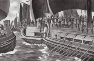 史上初の海戦（リトグラフ） 作： Allan Stewart