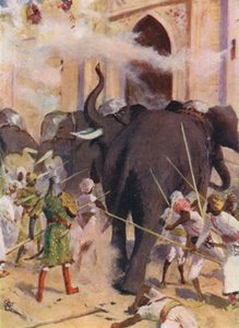 アーコットの砦の門に突撃する戦象（カラーリトグラフ） 作： Allan Stewart