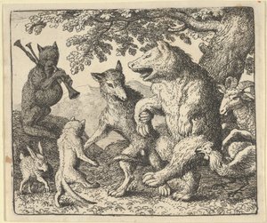 クマとオオカミを称えるパーティー、1650-75。 作： Allart van Everdingen