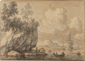 岩の入り江で手漕ぎボートを漕ぎ、船を越えて帆走する人物 作： Allart van Everdingen