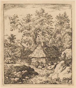 樽の近くに石臼のある風景、おそらく c. 16451656。 作： Allart van Everdingen