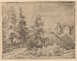 2 つのモミの木の間の男、おそらく c. 16451656。 作： Allart van Everdingen