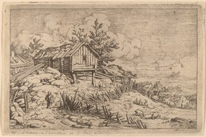 荒れ果てた生け垣の入り口近くの男 作： Allart van Everdingen
