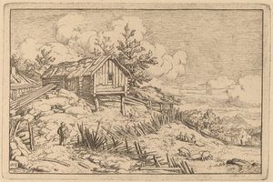 荒れ果てた生け垣の入り口近くの男 作： Allart van Everdingen