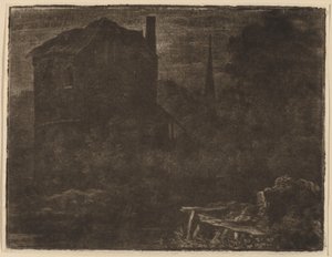 家と教会の尖塔のある夜の風景