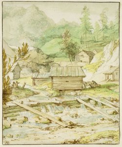 木製の小屋と堰のある北欧の風景（紙にペン、ブラシ、トイレ） 作： Allart van Everdingen