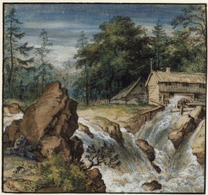 滝のそばの画家がいる北欧の風景 作： Allart van Everdingen
