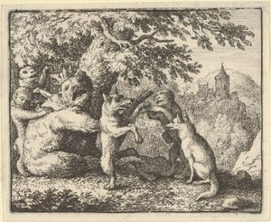 ライオンの命令で、クマから皮膚の一部が取られる、前足の一部...、1650-75. 作： Allart van Everdingen