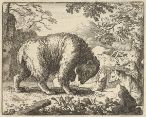 レナードはクマに、ハチミツが見つかる場所に連れて行くと約束する, 1650-75. 作： Allart van Everdingen