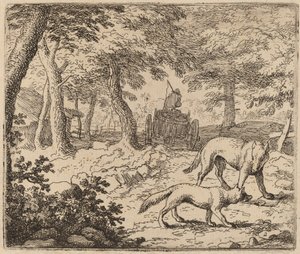 フィッシュカートの前のレイナードとオオカミ、おそらくc。 16451656。 作： Allart van Everdingen
