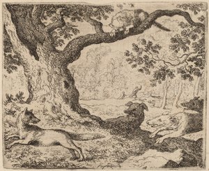 レイナードの父と猟犬に追われる猫、おそらくc。 16451656。 作： Allart van Everdingen
