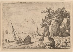 右側に 3 つの人物がいる海の風景 作： Allart van Everdingen