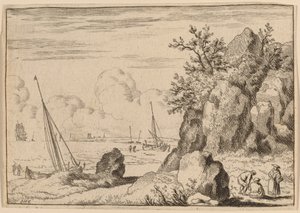 右側に 3 人の人物が描かれた海景、おそらく c. 16451656。 作： Allart van Everdingen