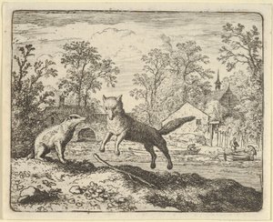 アナグマは地面の棒を 3 回飛び越える罰として課す、1650-75 年。 作： Allart van Everdingen