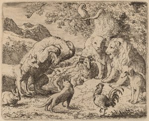 熊は正義を求めてライオンに懇願する、おそらく c. 16451656。 作： Allart van Everdingen