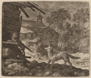 レイナードが見ていると猫が納屋に入る、おそらくc。 16451656。 作： Allart van Everdingen