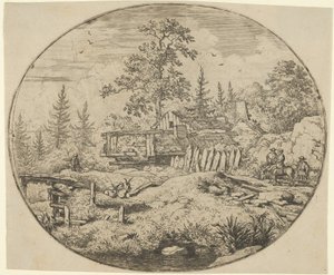 木製の橋のある風景、17世紀。 作： Allart van Everdingen