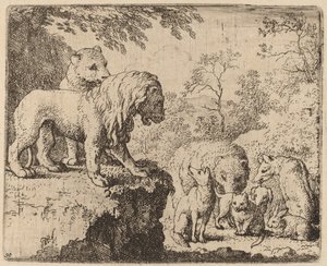 ライオンは他の動物の前でレイナードを許します。 16451656。 作： Allart van Everdingen