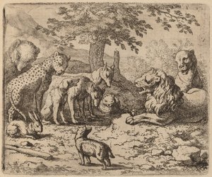 ライオンはアドバイスを求める、おそらく c. 16451656。 作： Allart van Everdingen