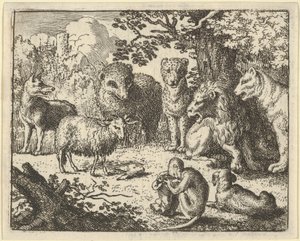 猿はパッケージを開け、ウサギの頭を取り除き、1650-75年の大きな驚きに. 作： Allart van Everdingen