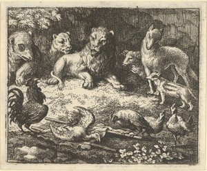 オンドリは、1650-75年に彼のニワトリを殺害したことでレナードを非難します。 作： Allart van Everdingen