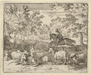 馬に乗った羊飼いが雄鹿を追いかける、1650-75。 作： Allart van Everdingen