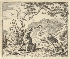 ヘンドリック・ファン・アルクマーのレナード・ザ・F...、1650-75年からのコウノトリはオオカミの喉から骨を取り除きます。 作： Allart van Everdingen
