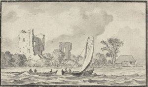 海岸沿いの廃墟のある川の 3 つのボート 作： Allart van Everdingen