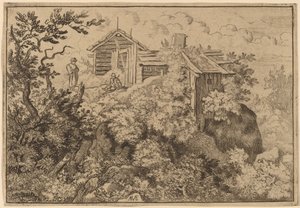 岩の上の 3 つのコテージ、おそらく c. 16451656。