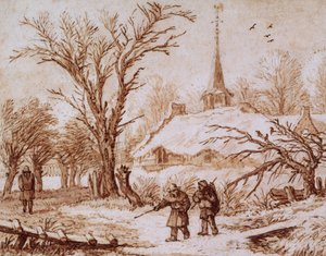 冬の村の近くの道を行く旅行者 (チョーク、ペン、インク、ウォッシュ) 作： Allart van Everdingen