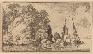 広い川の2つのボート、おそらくc。 16451656。 作： Allart van Everdingen