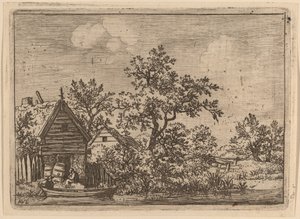 コテージの前にある 2 つの樽、おそらく c. 16451656。 作： Allart van Everdingen